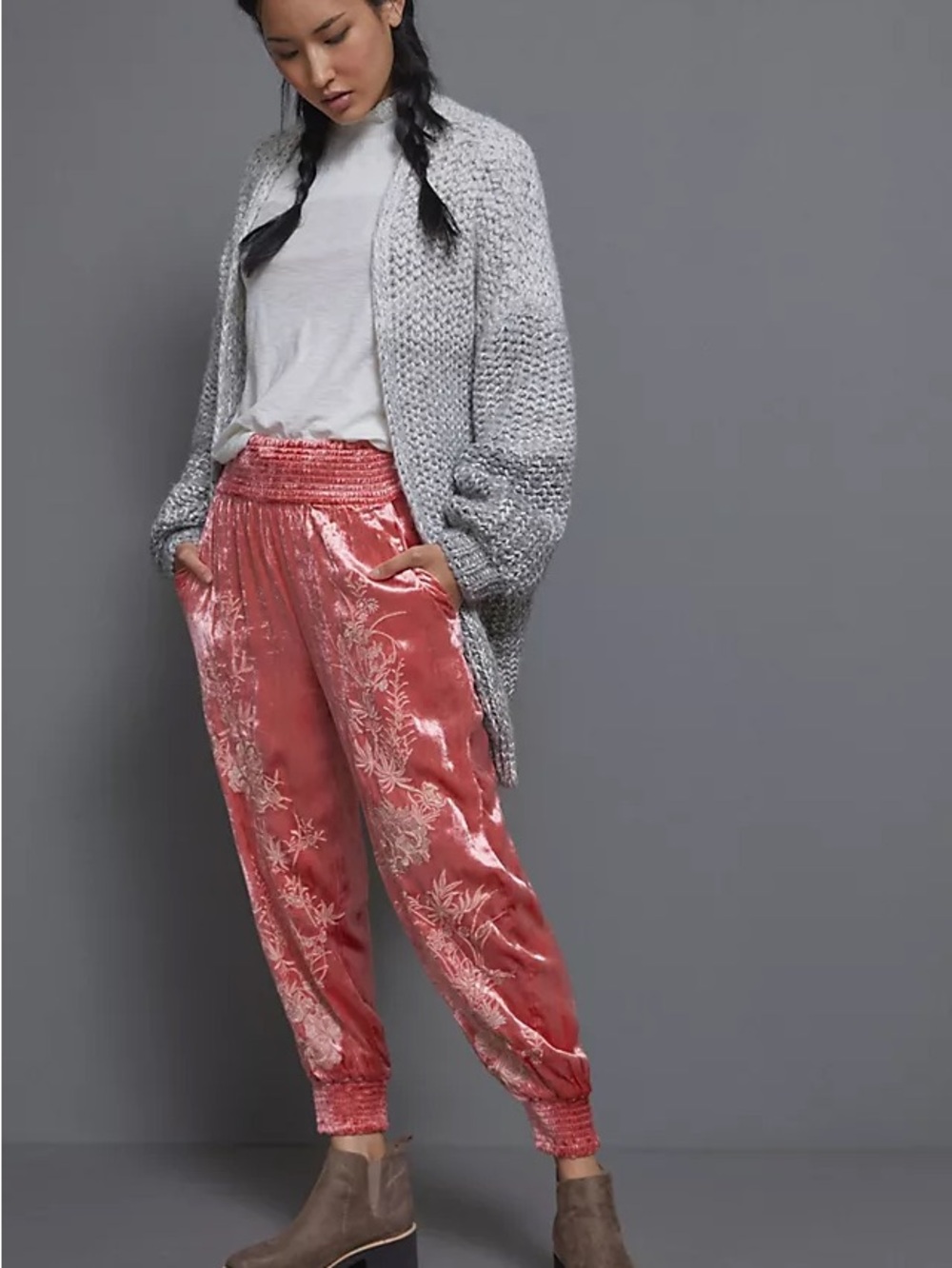 Anthropology Velvet Floral Jogger Pants - Pink
